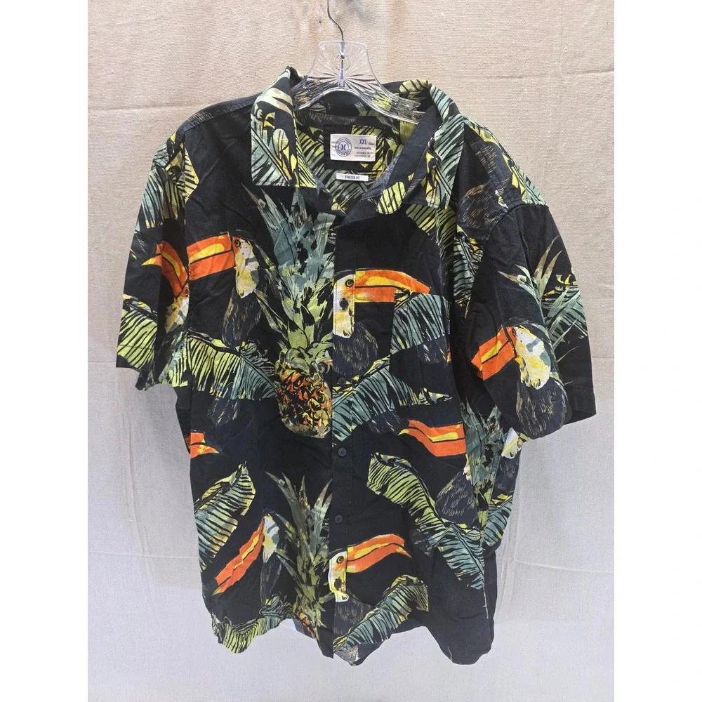 Hurley Mens‎ XXL Stretch Fit Tropical Toucan Pineapple Black Button Down Shirt